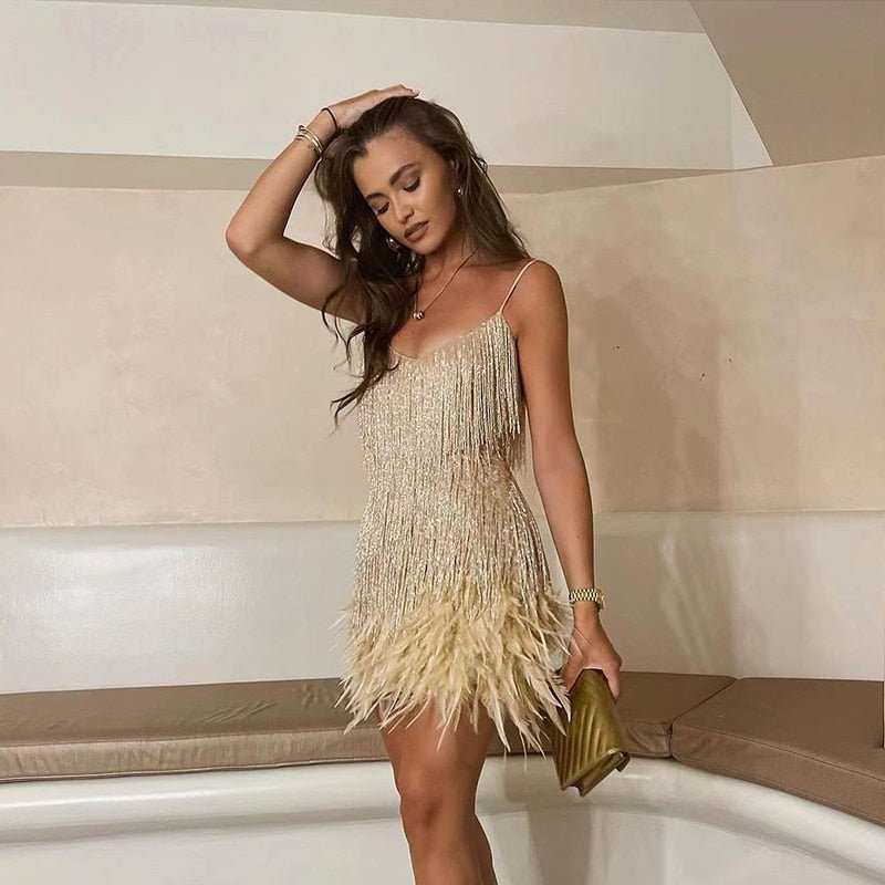 Abito Donna Mini - Elegante con Dettagli in Piuma, Cerimonia e Feste-4