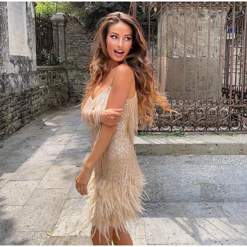 Abito Donna Mini - Elegante con Dettagli in Piuma, Cerimonia e Feste-3