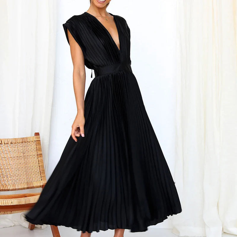 Abito da Donna Senza Maniche - Elegante con Cerniera e Rughe, Perfetto per Cerimonia e Occasioni Speciali-4