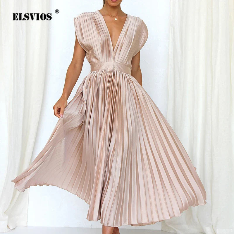 Abito da Donna Senza Maniche - Elegante con Cerniera e Rughe, Perfetto per Cerimonia e Occasioni Speciali-5