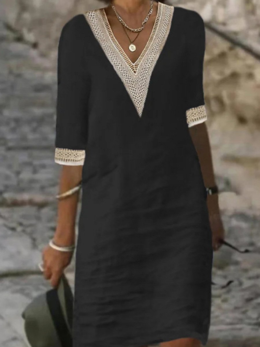 Abito Estivo Donna - Lino Traspirante con Pizzo, Maniche 3/4-5