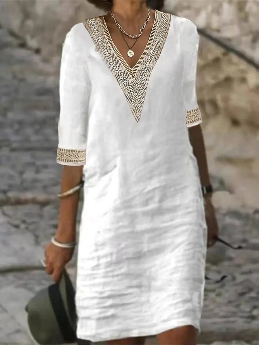 Abito Estivo Donna - Lino Traspirante con Pizzo, Maniche 3/4-6