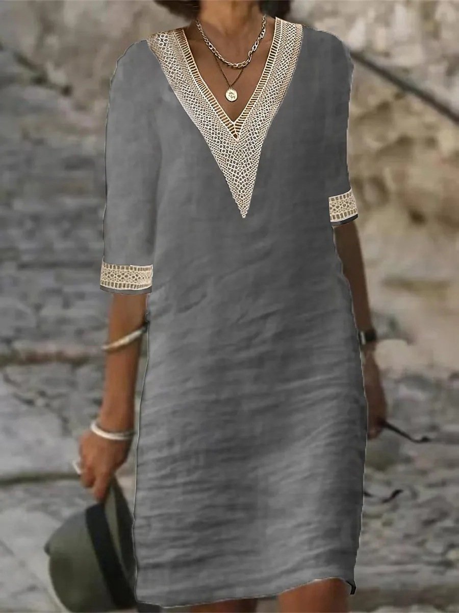 Abito Estivo Donna - Lino Traspirante con Pizzo, Maniche 3/4-3