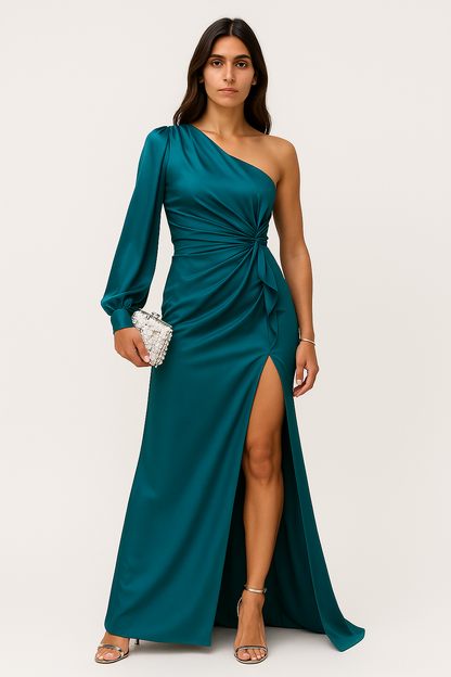 Abito da Donna - Elegante a Una Spalla con Spacco Laterale, Cerimonia e Feste